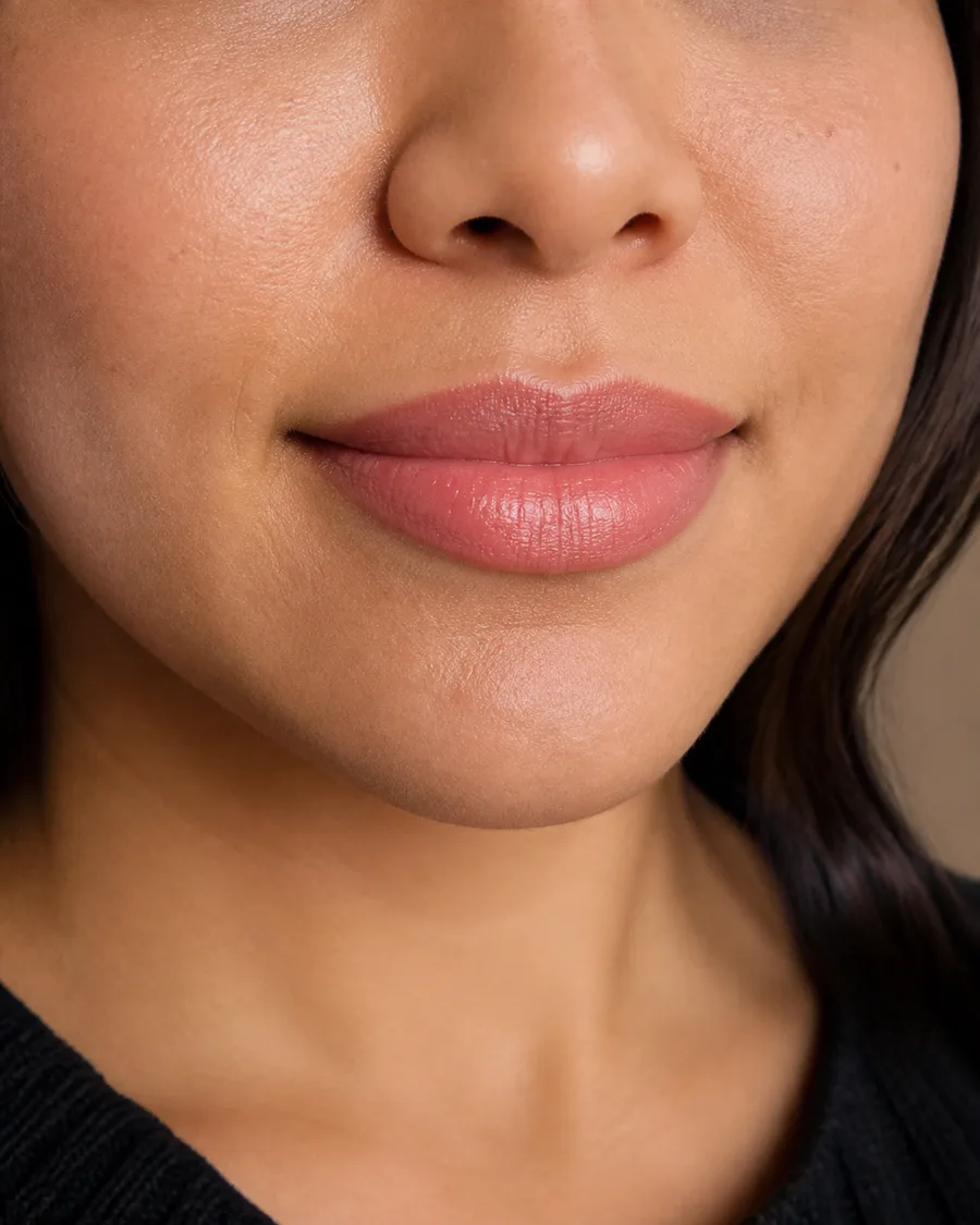 Imagen referencial generada de labios con pigmentación rosa suave y textura natural.