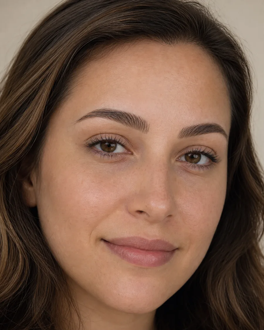 Imagen referencial generada de un rostro con cejas de microblading suave y natural.